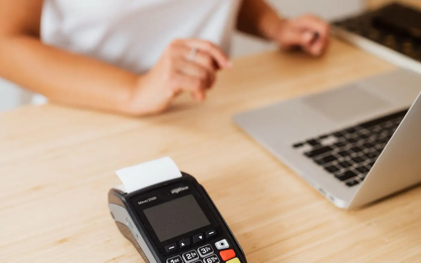 A card terminal in use at a retail counter