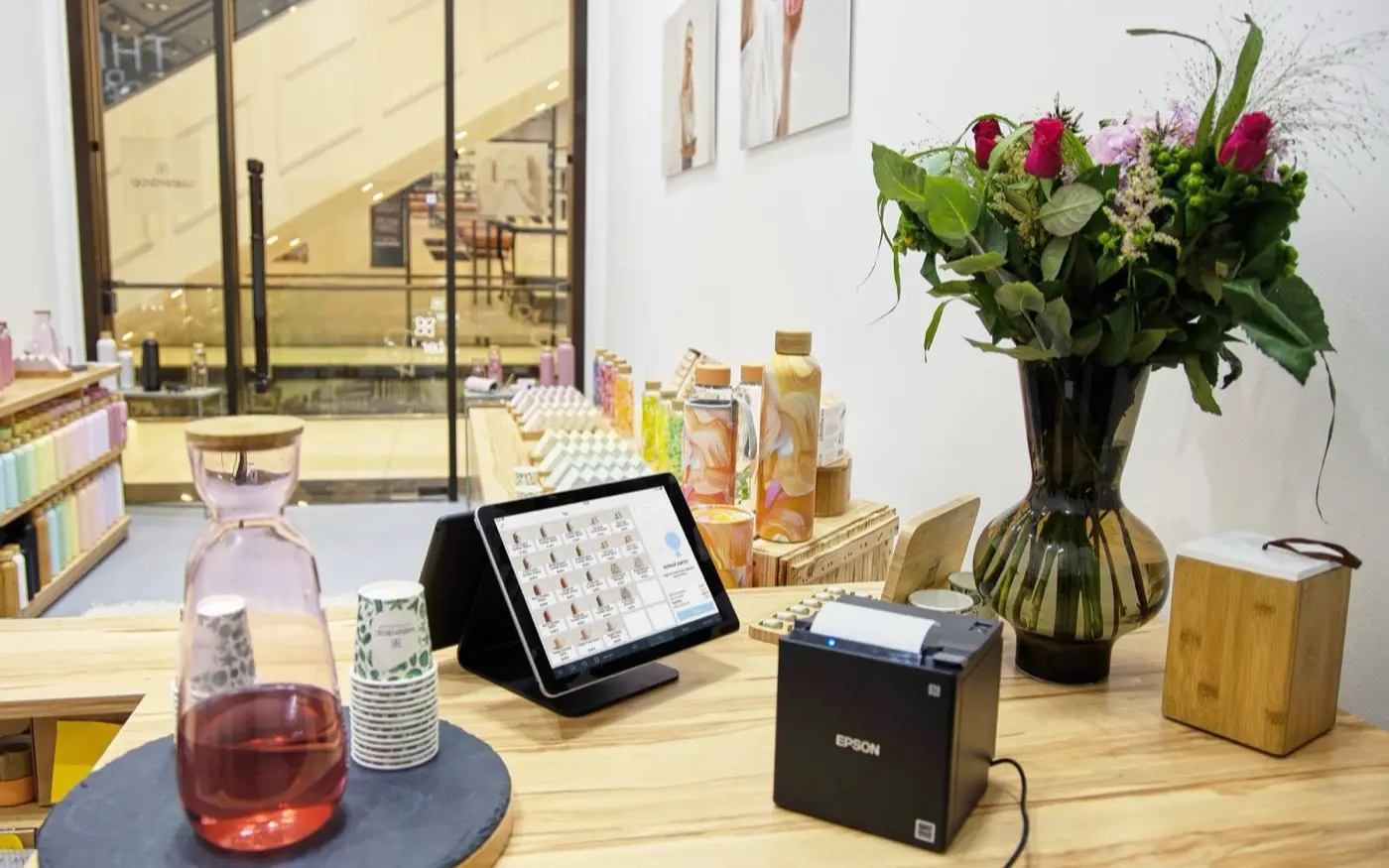 A shop counter with a payment system