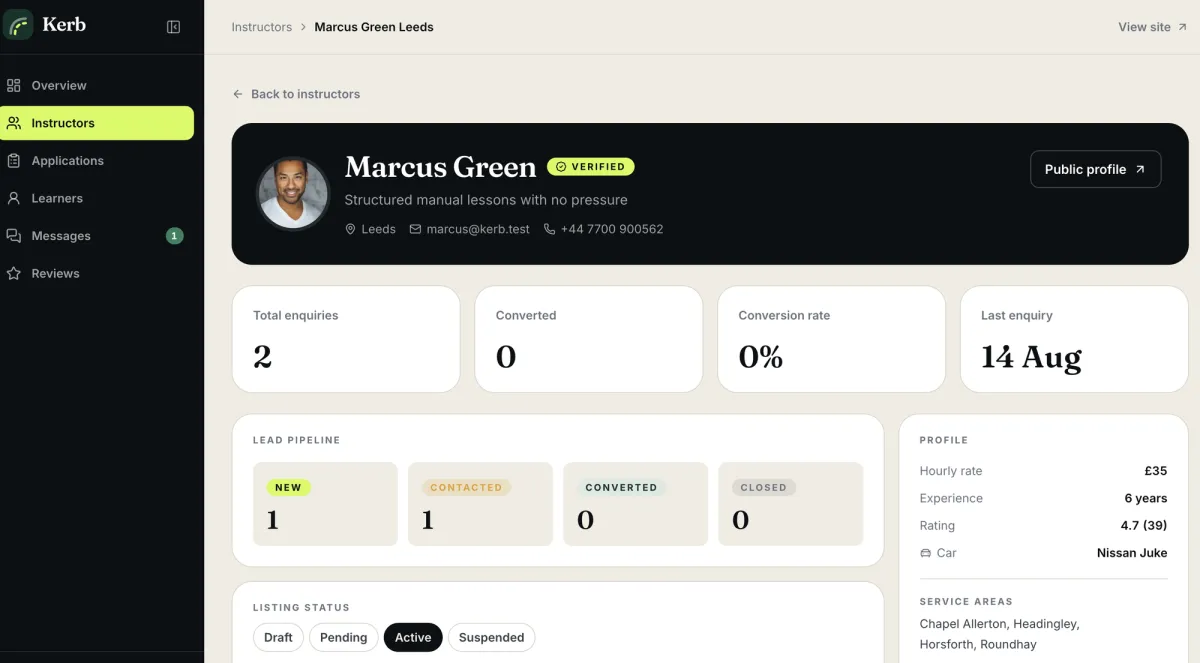 findDriver instructor portal, with the inquiry pipeline and listing controls.