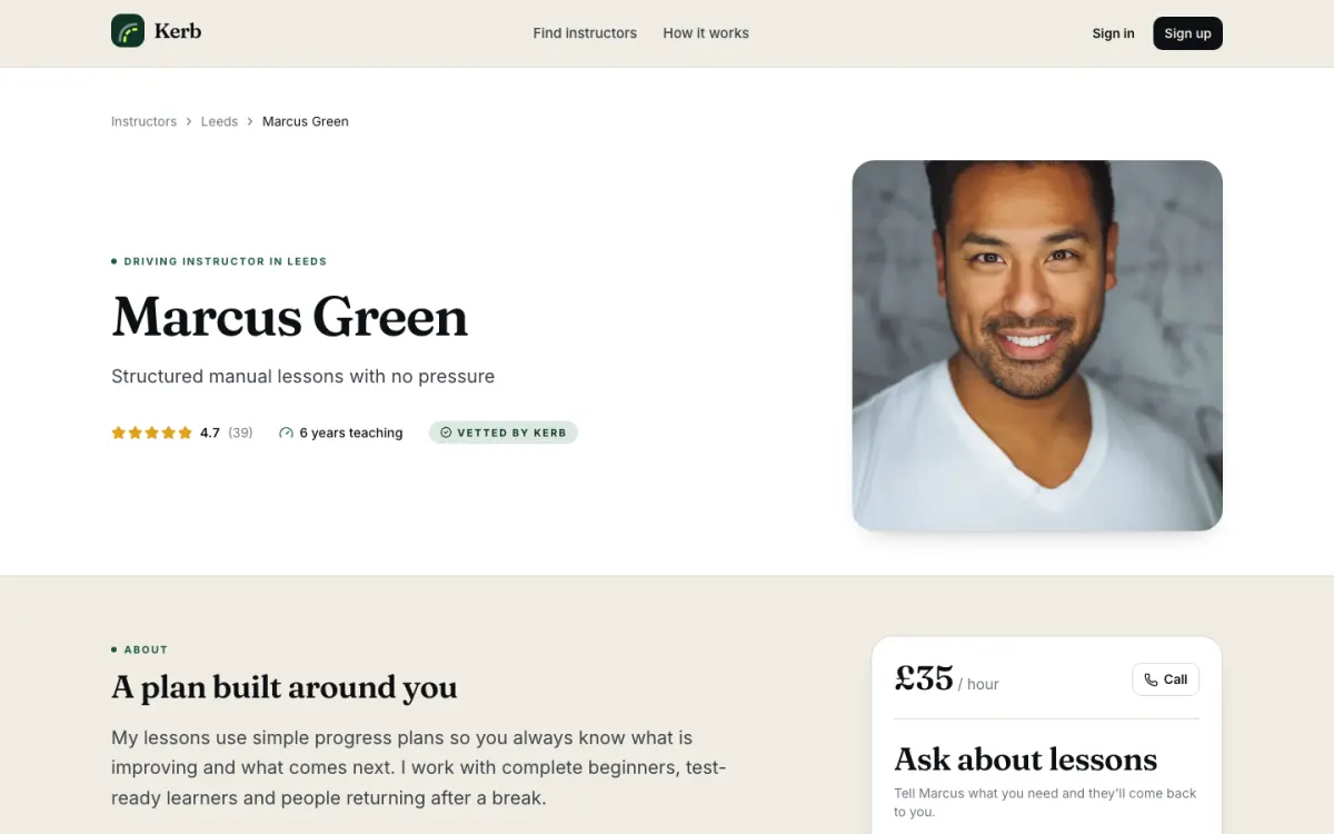 findDriver instructor profile for Marcus Green in Leeds, showing years teaching, a vetted badge, his teaching approach and a price of 35 pounds an hour with an Ask about lessons form.