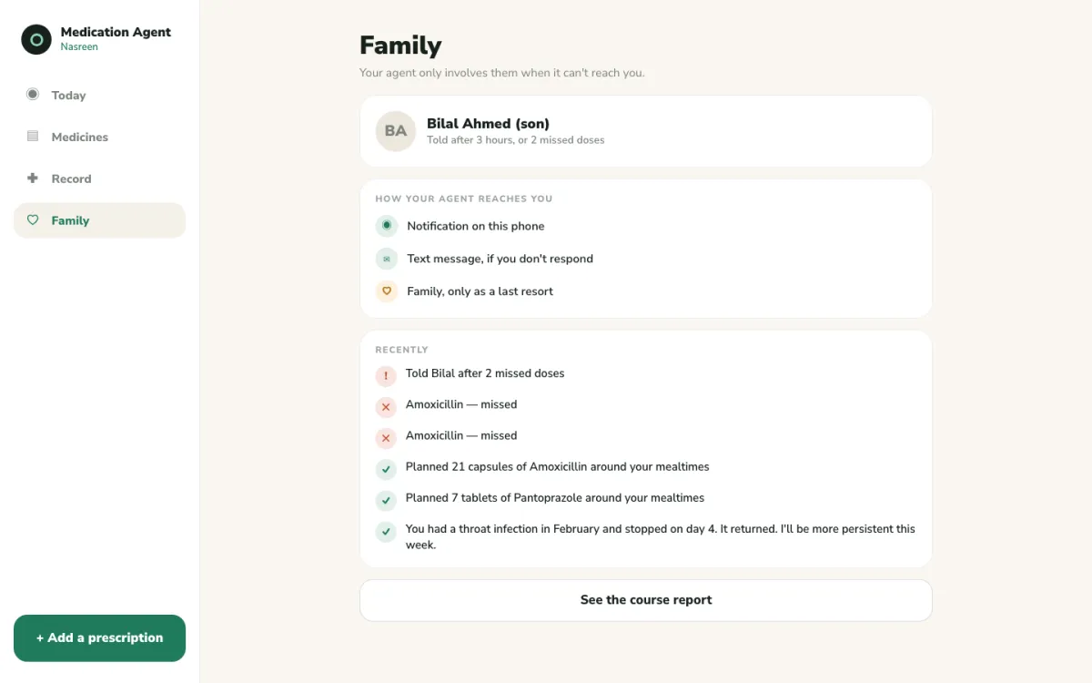 Prototype screen showing fictional notification settings and sample medication activity.