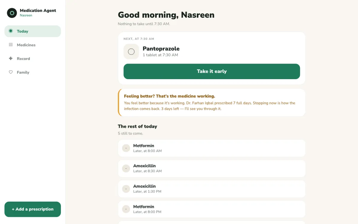 Medication Agent prototype Today screen with fictional medication schedule entries and sample reminder text.