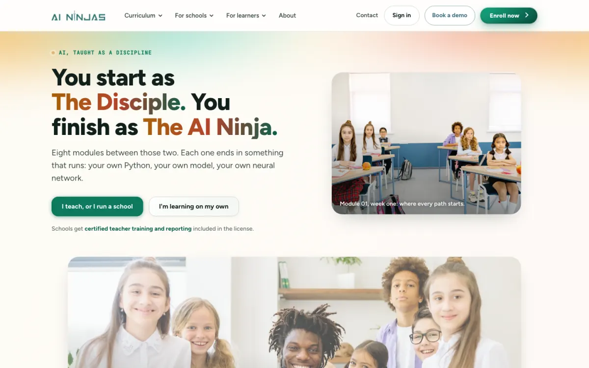 The AI Ninjas learning platform home screen, showing the module list
