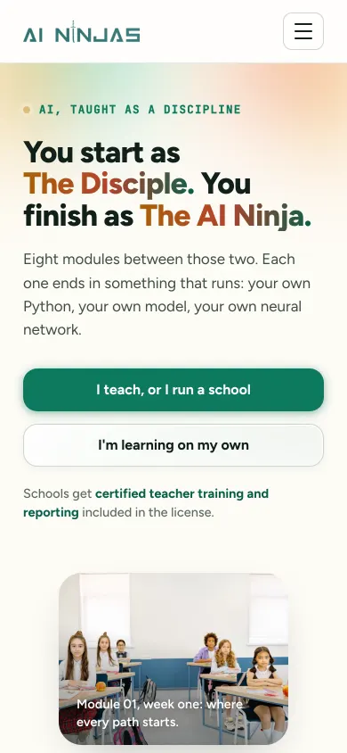 AI Ninjas home page on a phone.