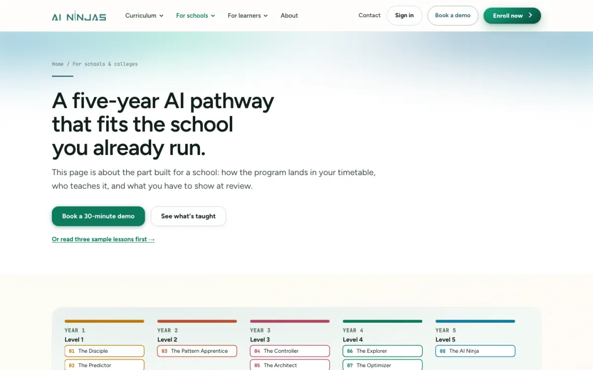 AI Ninjas for schools page: A five-year AI pathway that fits the school you already run, with the year-by-year module plan.