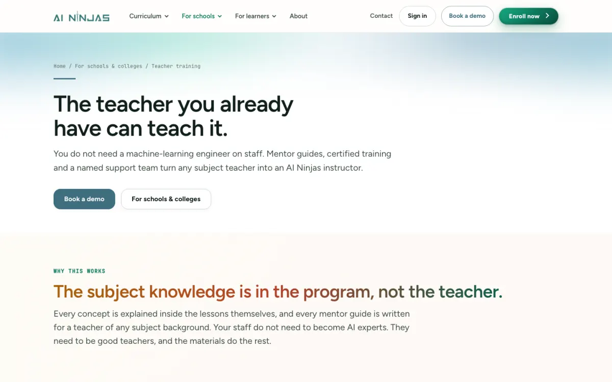 AI Ninjas teacher training page: The teacher you already have can teach it.