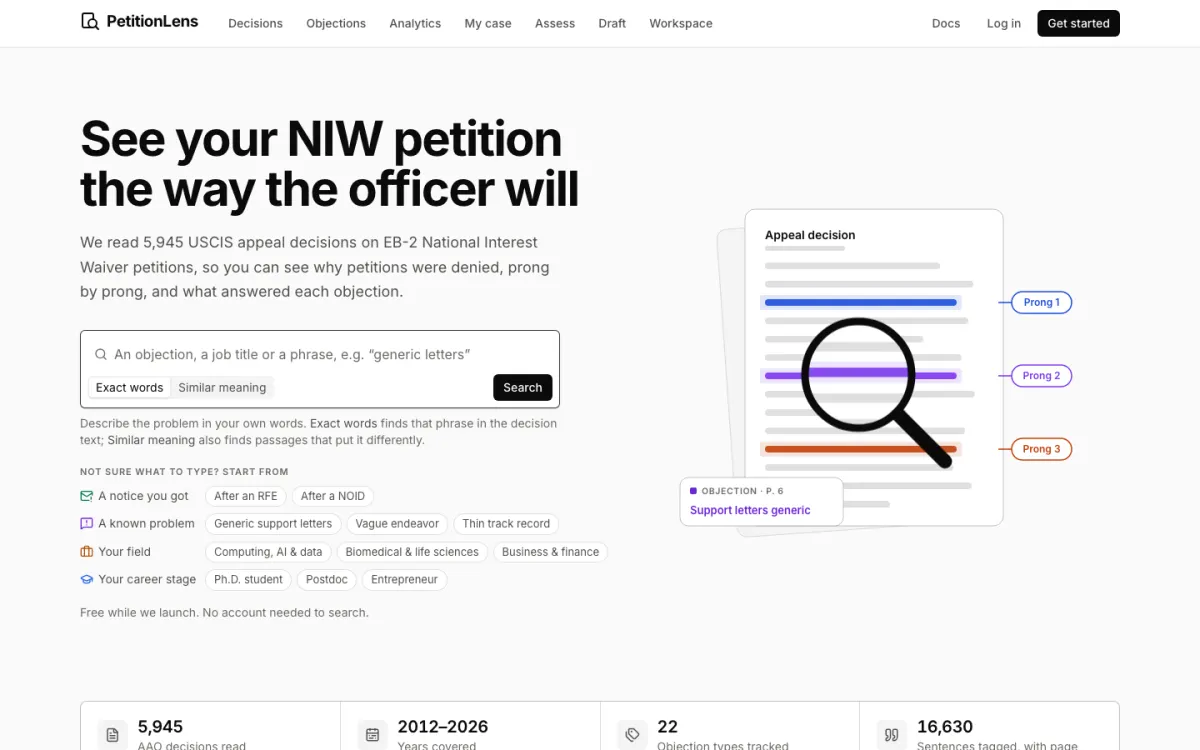 The PetitionLens search screen