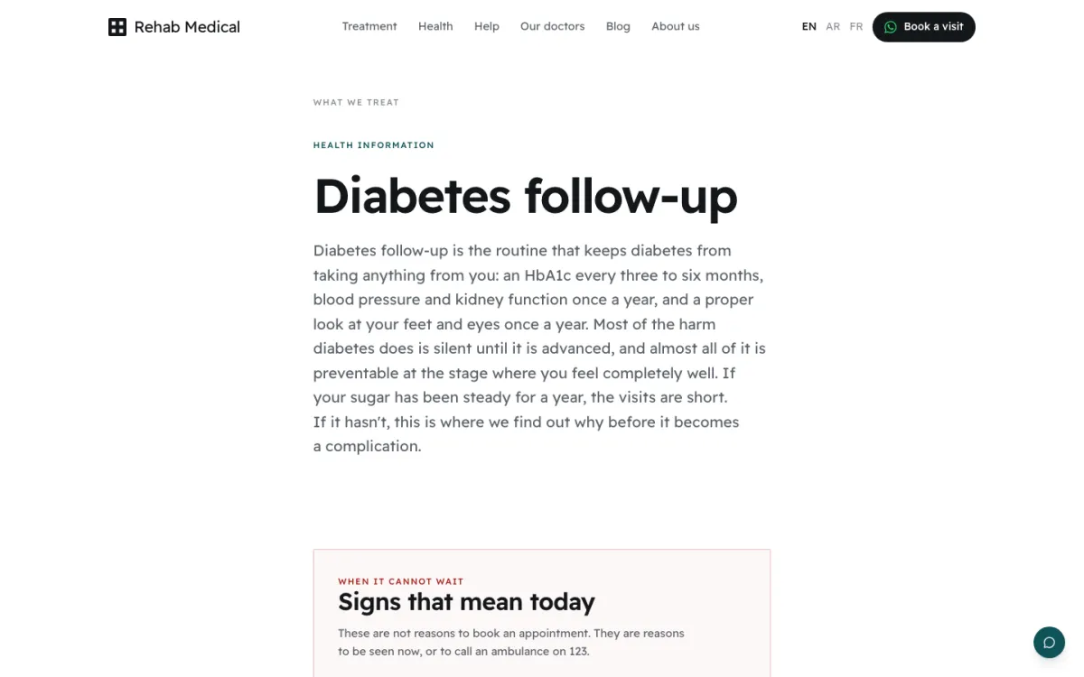 Rehab Medical diabetes follow-up page explaining HbA1c checks, with a highlighted box titled Signs that mean today.